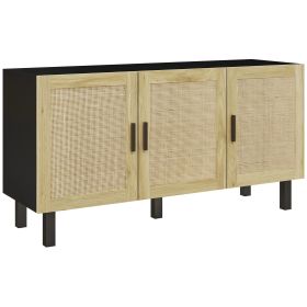 HOMCOM Sideboard Buffet Cabinet, Kitchen Cabinet, Coffee Bar Cabinet with 3 Rattan Doors and Adjustable Shelves, Black and Natural