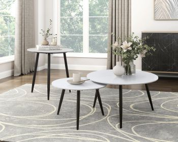 Modern Style Nesting Cocktail Tables and Side Table 3-Piece Occasional Table Set Black Metal Legs White Sintered Stone Top