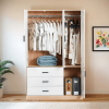 Armoire Wardrobe Closet with Mirror, 3 Door 3 Drawers Wood Closet Cabinet, Bedroom Armoires Cabinet Wooden with Hanging Rod Inside Cabinet and Drawers