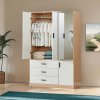 Armoire Wardrobe Closet with Mirror, 3 Door 3 Drawers Wood Closet Cabinet, Bedroom Armoires Cabinet Wooden with Hanging Rod Inside Cabinet and Drawers