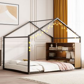 Full Size Metal Bed House Bed Frame with Shelves and Lights, Black