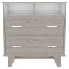 Portanova Two Drawer Dresser, Two Open Shelves, Superior Top, Four Legs -Light Gray / White