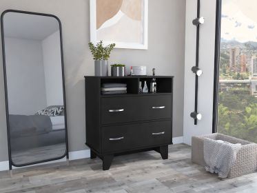 Portanova Two Drawer Dresser, Two Open Shelves, Superior Top, Four Legs -Black