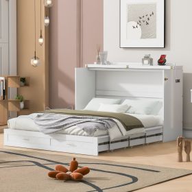 Queen Size Murphy Bed Wall Bed with drawer and a set of Sockets & USB Ports, Pulley Structure Design, White