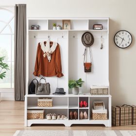 Hall Tree Entryway Bench with Coat Rack, with Shoe Cubbies for bedroom, White, 59.8'' w x 15.8'' d x 76.8''h.