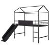 Metal House Bed With Slide, Twin Size Metal Loft Bed with Two-sided writable Wooden Board (Black )