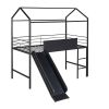 Metal House Bed With Slide, Twin Size Metal Loft Bed with Two-sided writable Wooden Board (Black )