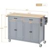 Kitchen Island Cart with Solid Wood Top and Locking Wheels,54.3 Inch Width,4 Door Cabinet and Two Drawers,Spice Rack, Towel Rack (Grey Blue)