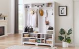 Hall Tree Entryway Bench with Coat Rack, with Shoe Cubbies for bedroom, White, 59.8'' w x 15.8'' d x 76.8''h.