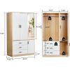 Armoire Wardrobe Closet with Mirror, 3 Door 3 Drawers Wood Closet Cabinet, Bedroom Armoires Cabinet Wooden with Hanging Rod Inside Cabinet and Drawers