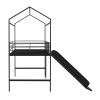 Metal House Bed With Slide, Twin Size Metal Loft Bed with Two-sided writable Wooden Board (Black )