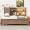 Twin Size Lounge Daybed with Storage Shelves, Cork Board, USB Ports and 3 Drawers, Antique Wood Color