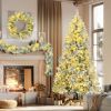 6FT Snow Flocked Christmas Tree, Pre-Lit Set with Tree & Garland & Wreath, Artificial Hinged Xmas Tree with Colorful LED Lights, 8 Lighting Modes