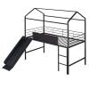 Metal House Bed With Slide, Twin Size Metal Loft Bed with Two-sided writable Wooden Board (Black )