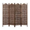 Hand Carved Sun And Moon Design Foldable 4 Panel Wooden Room Divider, Brown