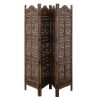 Hand Carved Sun And Moon Design Foldable 4 Panel Wooden Room Divider, Brown