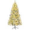 6FT Snow Flocked Christmas Tree, Pre-Lit Set with Tree & Garland & Wreath, Artificial Hinged Xmas Tree with Colorful LED Lights, 8 Lighting Modes