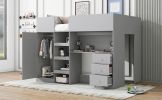 Wood Full Size Loft Bed with Built-in Wardrobe, Desk, Storage Shelves and Drawers, Grey