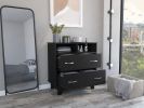 Portanova Two Drawer Dresser, Two Open Shelves, Superior Top, Four Legs -Black