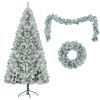 6FT Snow Flocked Christmas Tree, Pre-Lit Set with Tree & Garland & Wreath, Artificial Hinged Xmas Tree with Colorful LED Lights, 8 Lighting Modes