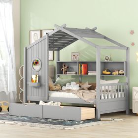 Wooden Twin Size House Bed with 2 Drawers,Kids Bed with Storage Shelf (Color: Gray)