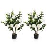 38 Inch Artificial Camellia Tree Faux Flower Plant in Cement Pot