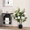 38 Inch Artificial Camellia Tree Faux Flower Plant in Cement Pot